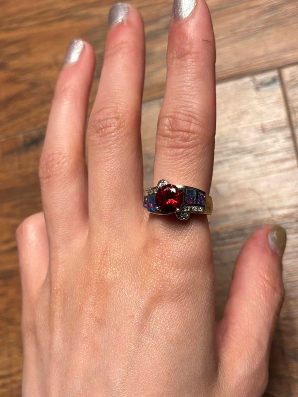 Silver Tone Ring W Red Stones Size 6